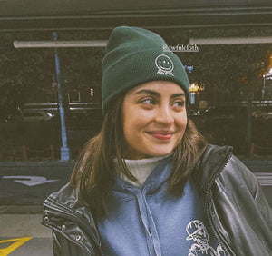 Rachel KirkConnell Wearing Awful Cloth Green Beanie
